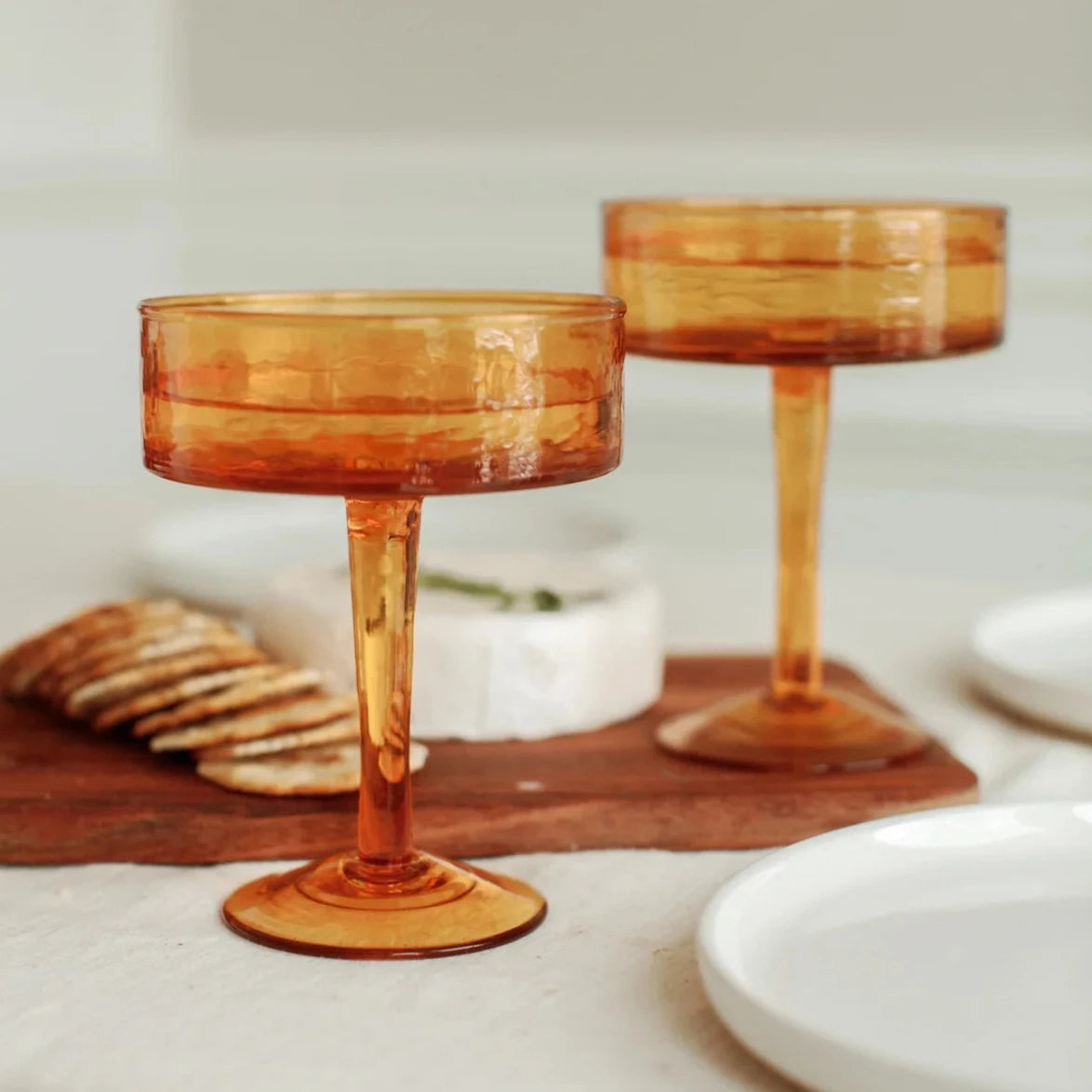 Handblown Hammered Coupe Cocktail Glasses, Amber - set of 4 3
