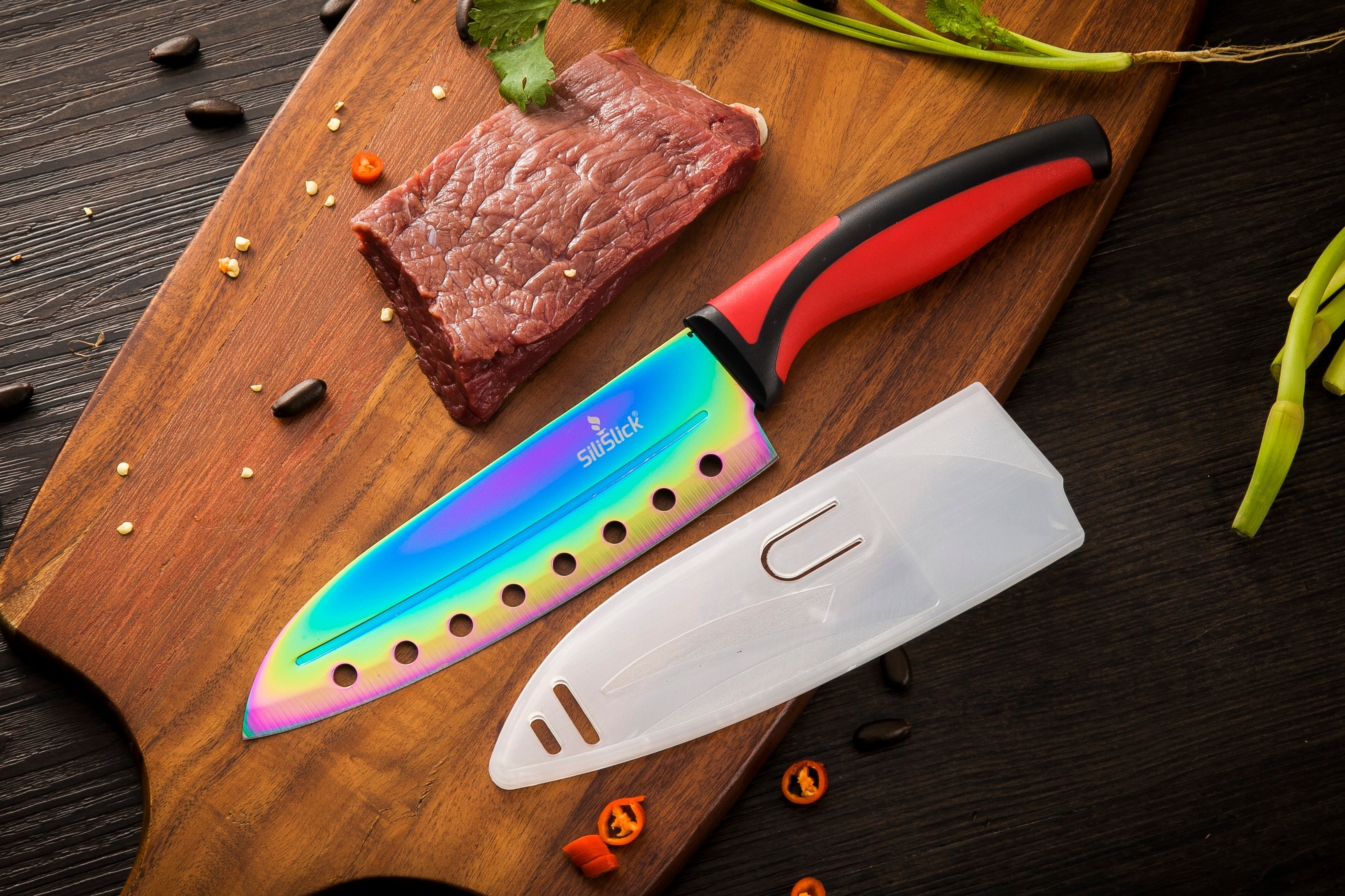 Kitchen Knife Set Kit | Red Handle & Black Magnetic Rack 6