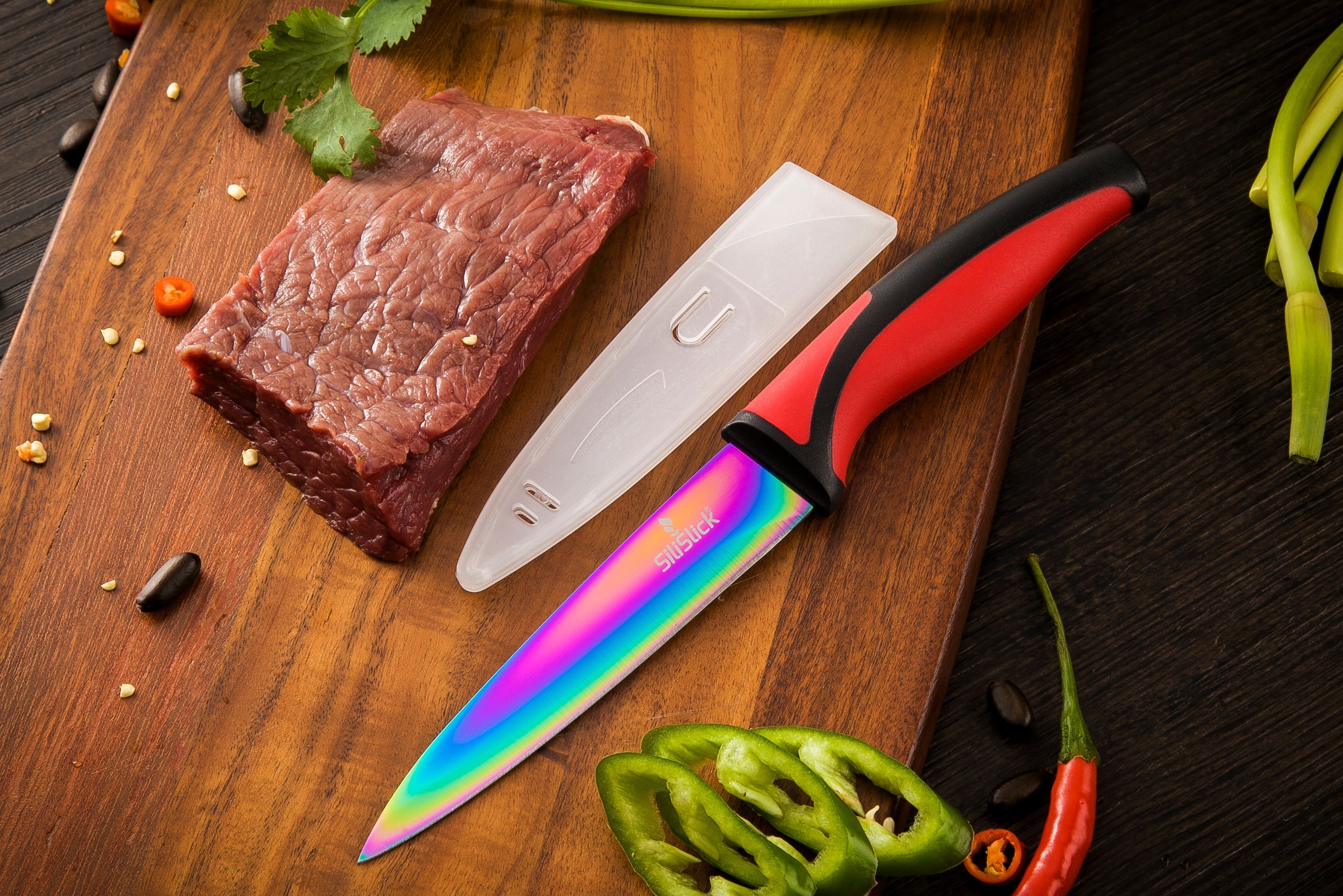 Kitchen Knife Set Kit | Red Handle & Black Magnetic Rack 7