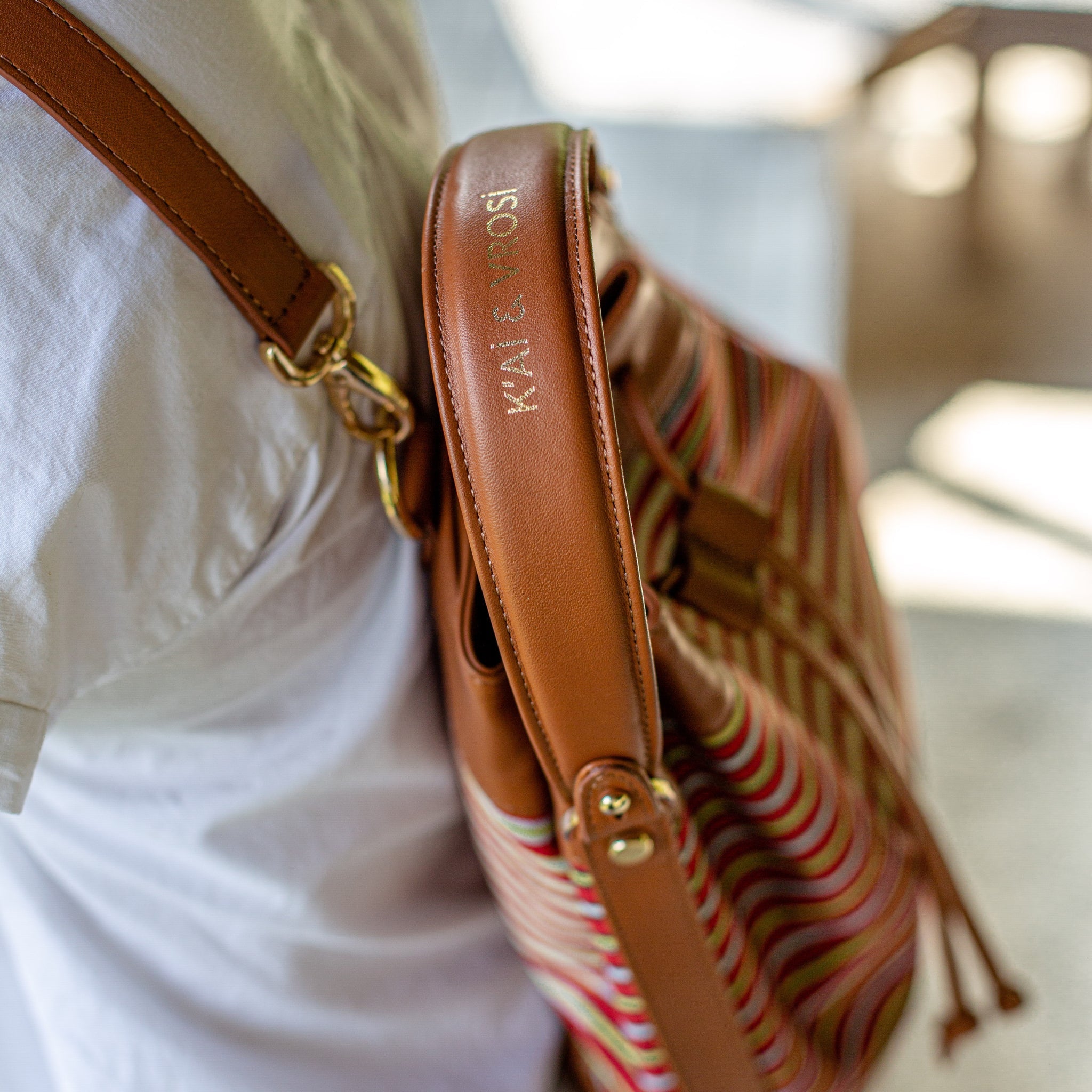 Brown Leather & Striped Fabric Pattern Convertible Bag 3