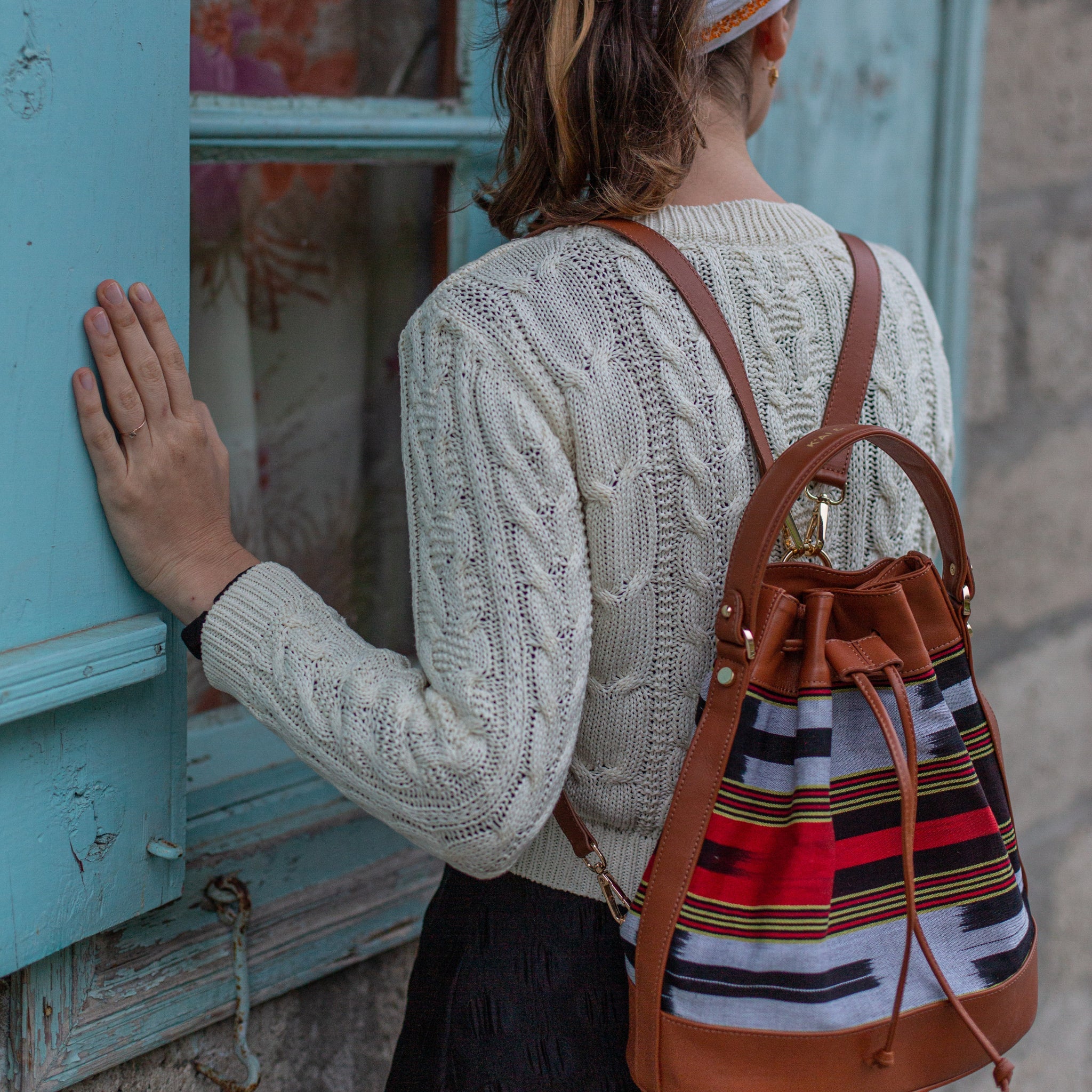 Brown Leather & Fabric Pattern Convertible Bag 3