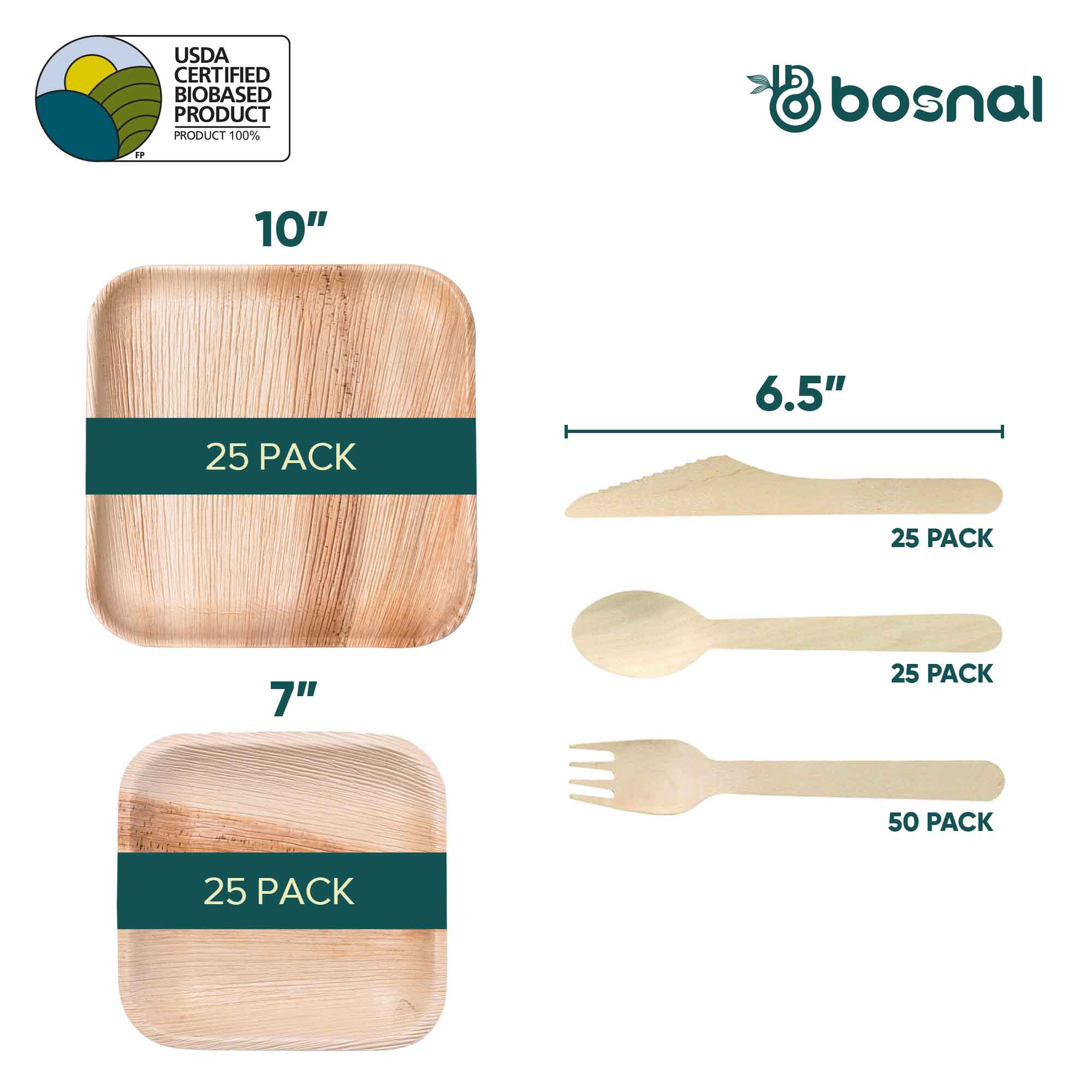 Palm Leaf Biodegradable 10" & 7" Square Plates and Cutlery Combo (25 Each Plates, 50 Forks, 25 Spoons, 25 Knives), Eco-Friendly, Compostable, Bamboo-Wood Style, Durable & Restaurant-Grade 3