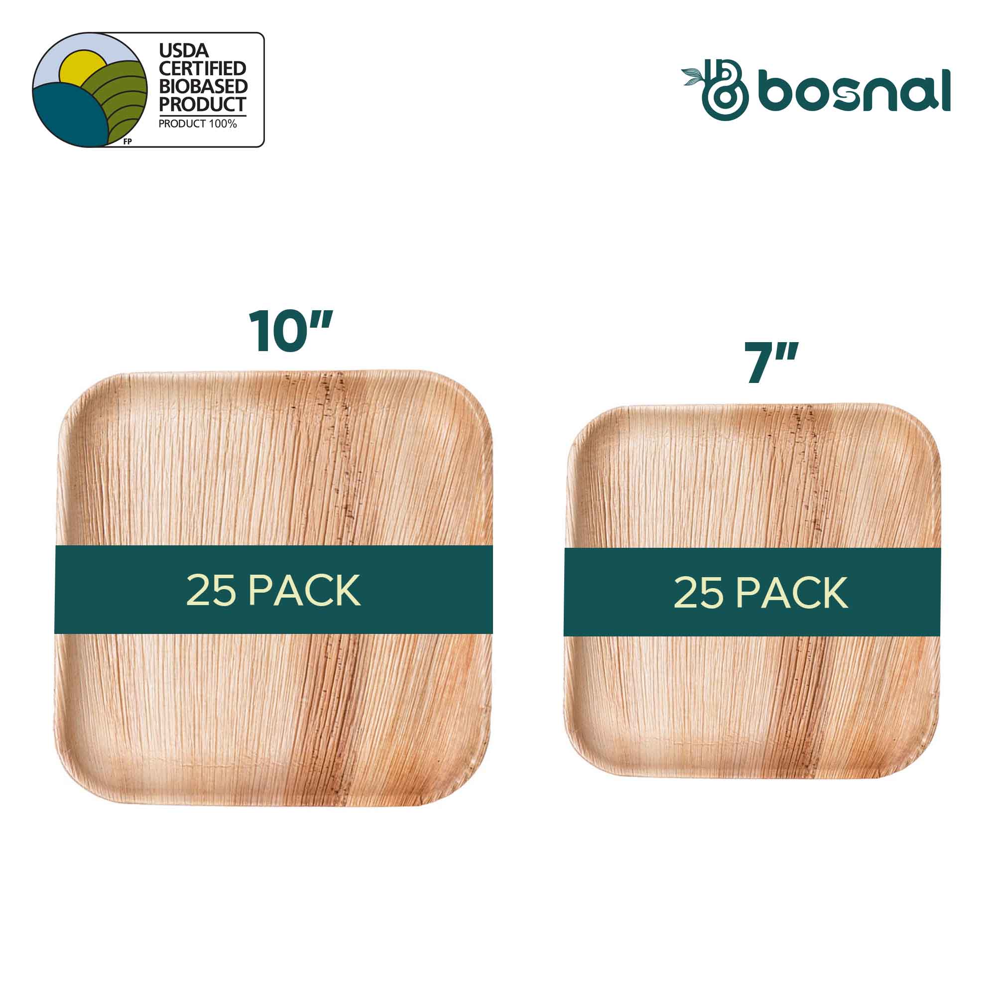 Palm Leaf Biodegradable Square Plates Combo – 50 pcs Set (25 each of 10" & 7" Plates), Eco-Friendly, Compostable, Bamboo-Wood Style, Durable & Restaurant-Grade Alternative to Paper Plates 3