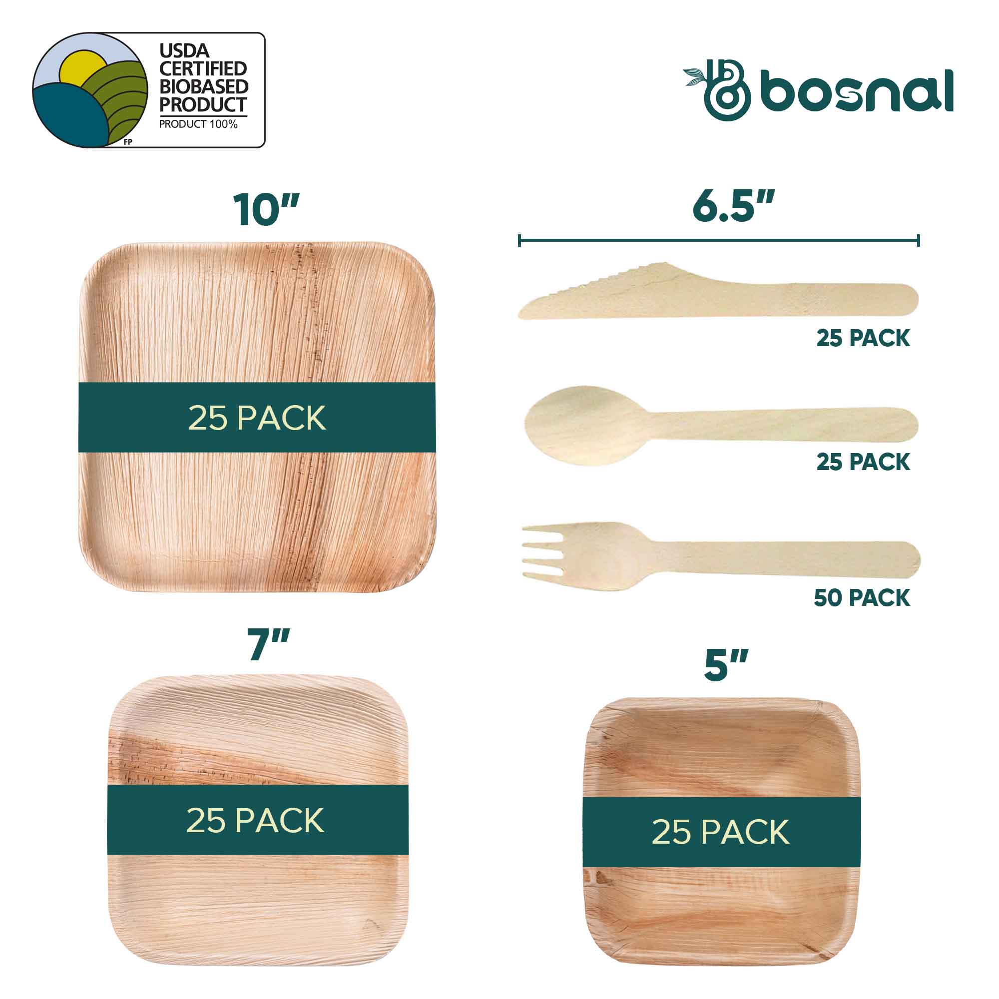 Palm Leaf Biodegradable 10" & 7" Square Plates, 5" Bowls with Cutlery Combo (25 Each Plates, 25 Bowls, 50 Forks, 25 Spoons, 25 Knives), Eco-Friendly, Compostable, Bamboo-Wood 3