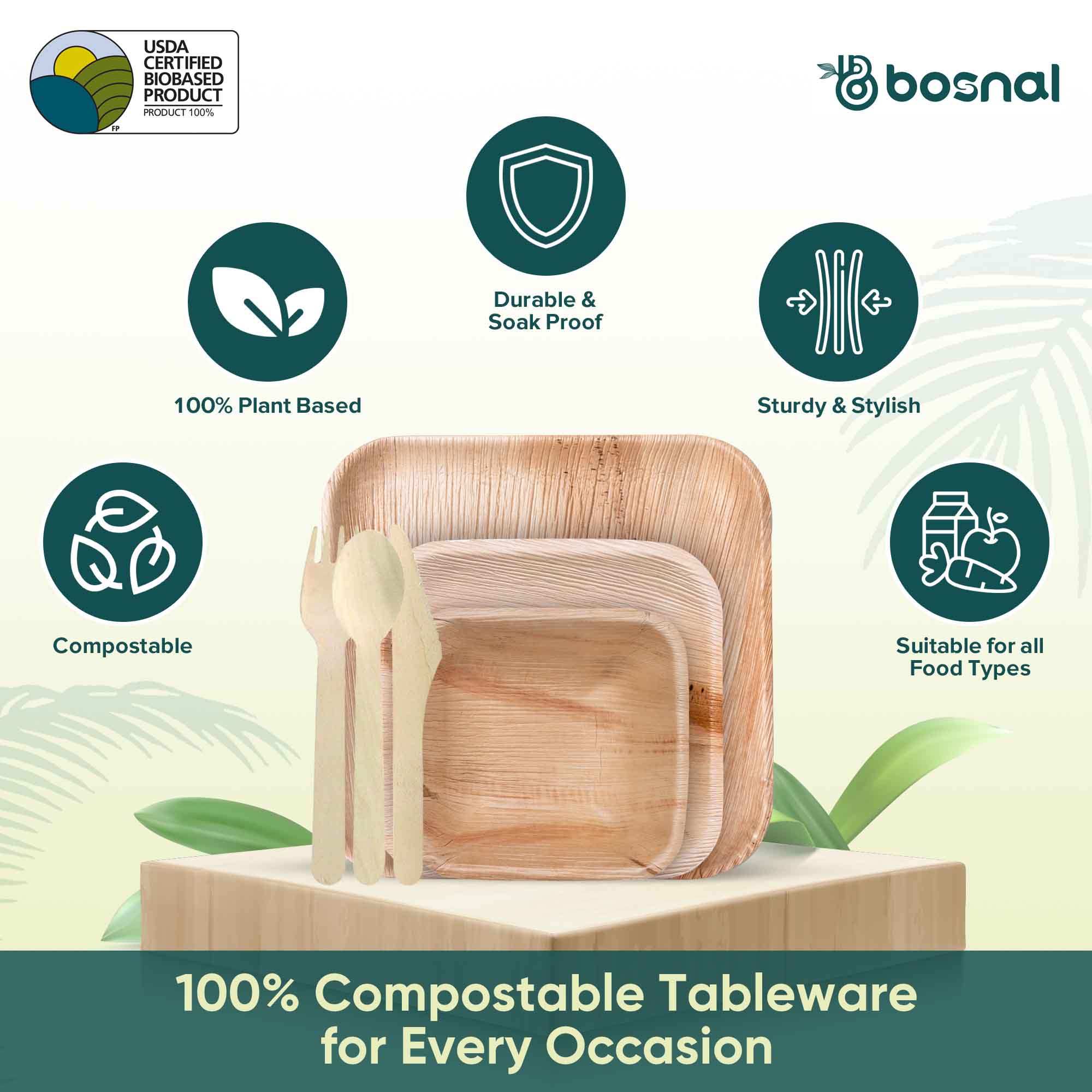Palm Leaf Biodegradable 10" & 7" Square Plates, 5" Bowls with Cutlery Combo (25 Each Plates, 25 Bowls, 50 Forks, 25 Spoons, 25 Knives), Eco-Friendly, Compostable, Bamboo-Wood 4