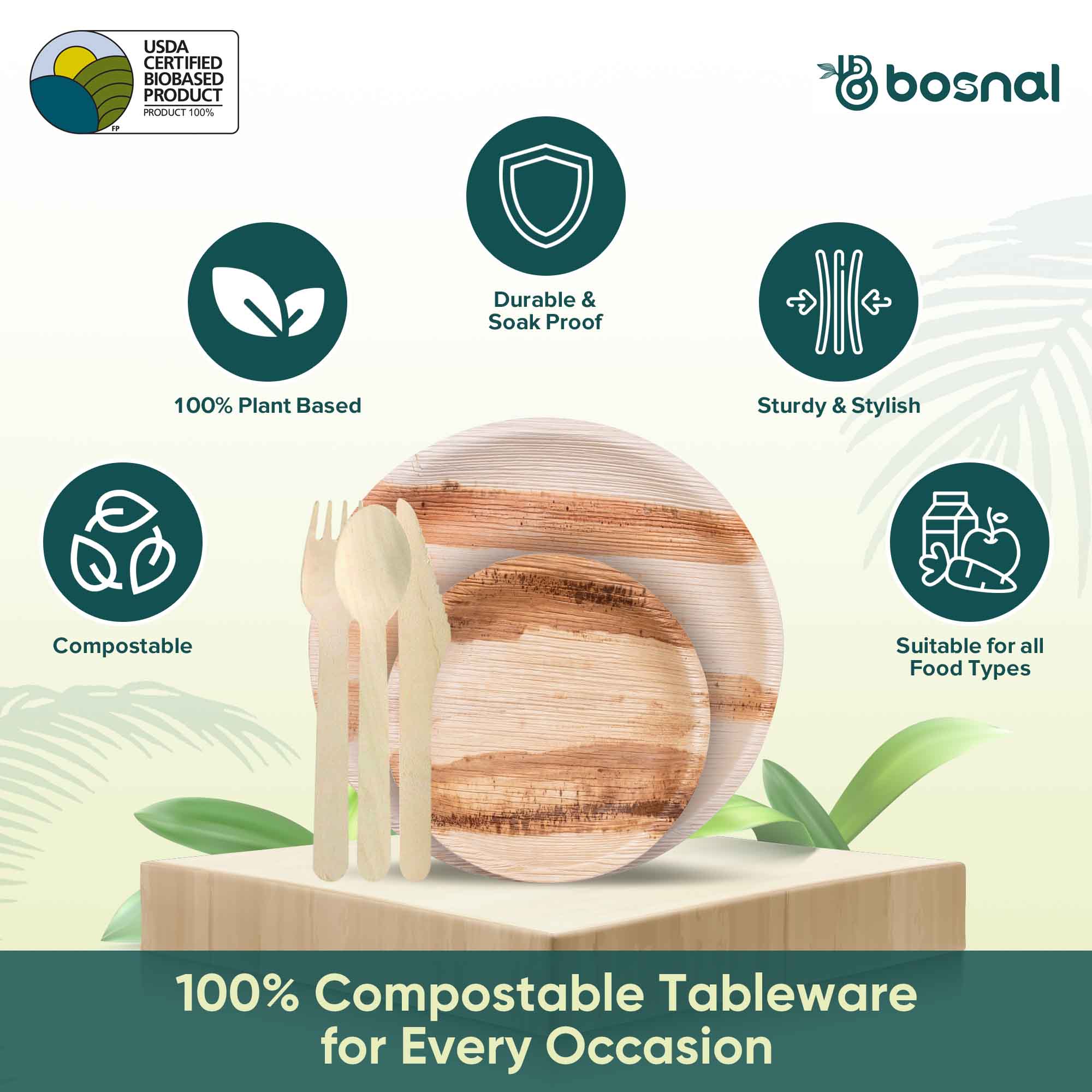 BOSNAL Palm Leaf Biodegradable 10" & 6" Round Plates and Cutlery Combo (25 Each Plates, 50 Forks, 25 Spoons, 25 Knives), Eco-Friendly, Compostable, Bamboo-Wood Style, Durable & Restaurant-Grade 3