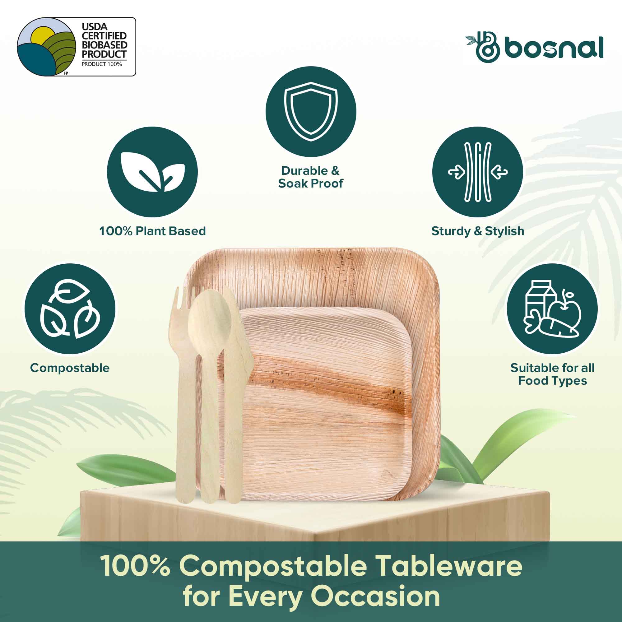 Palm Leaf Biodegradable 10" & 7" Square Plates and Cutlery Combo (25 Each Plates, 50 Forks, 25 Spoons, 25 Knives), Eco-Friendly, Compostable, Bamboo-Wood Style, Durable & Restaurant-Grade 4