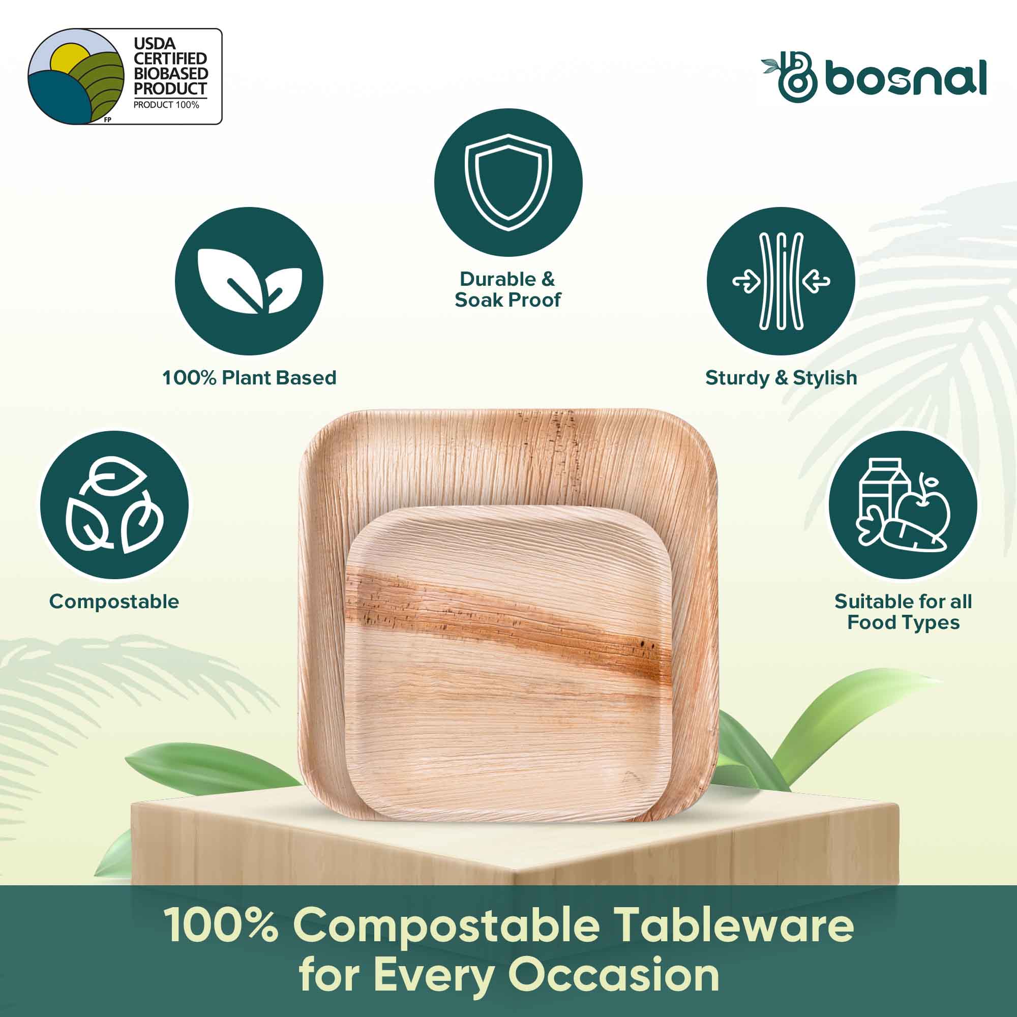 Palm Leaf Biodegradable Square Plates Combo – 50 pcs Set (25 each of 10" & 7" Plates), Eco-Friendly, Compostable, Bamboo-Wood Style, Durable & Restaurant-Grade Alternative to Paper Plates 4
