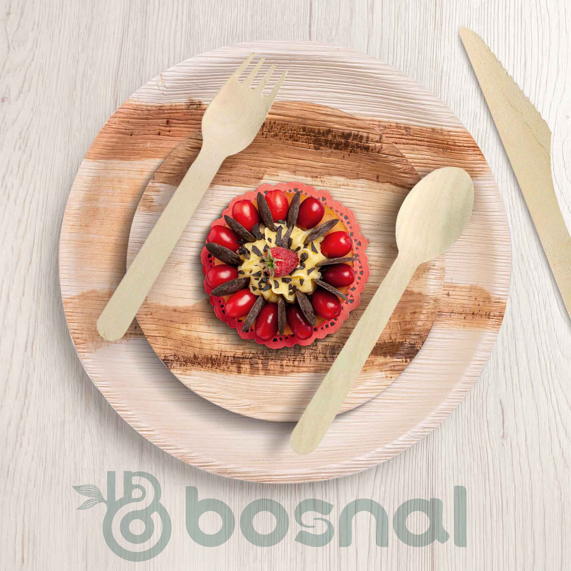 BOSNAL Palm Leaf Biodegradable 10" & 6" Round Plates and Cutlery Combo (25 Each Plates, 50 Forks, 25 Spoons, 25 Knives), Eco-Friendly, Compostable, Bamboo-Wood Style, Durable & Restaurant-Grade 5