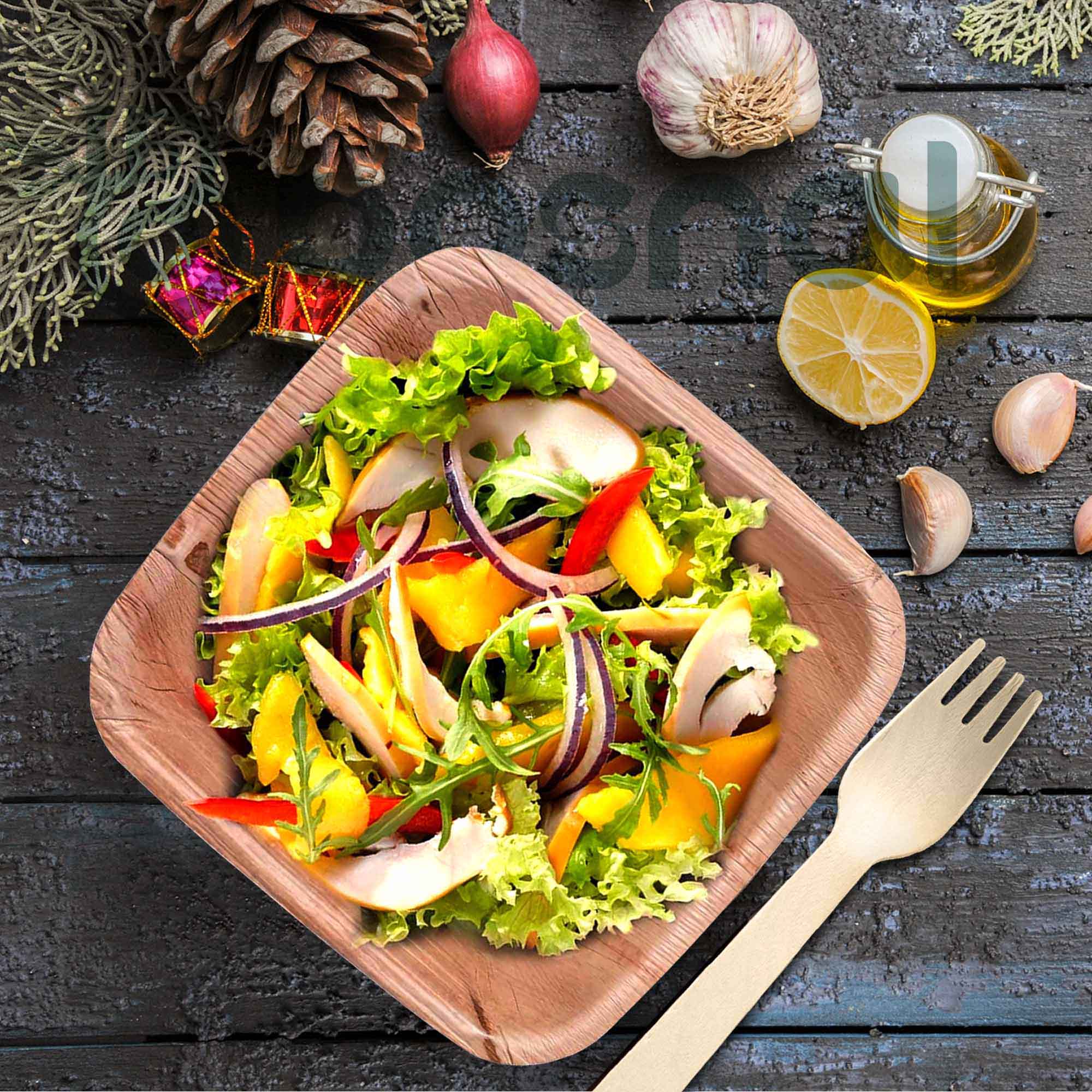 Palm Leaf Biodegradable 10" & 7" Square Plates, 5" Bowls with Cutlery Combo (25 Each Plates, 25 Bowls, 50 Forks, 25 Spoons, 25 Knives), Eco-Friendly, Compostable, Bamboo-Wood 5
