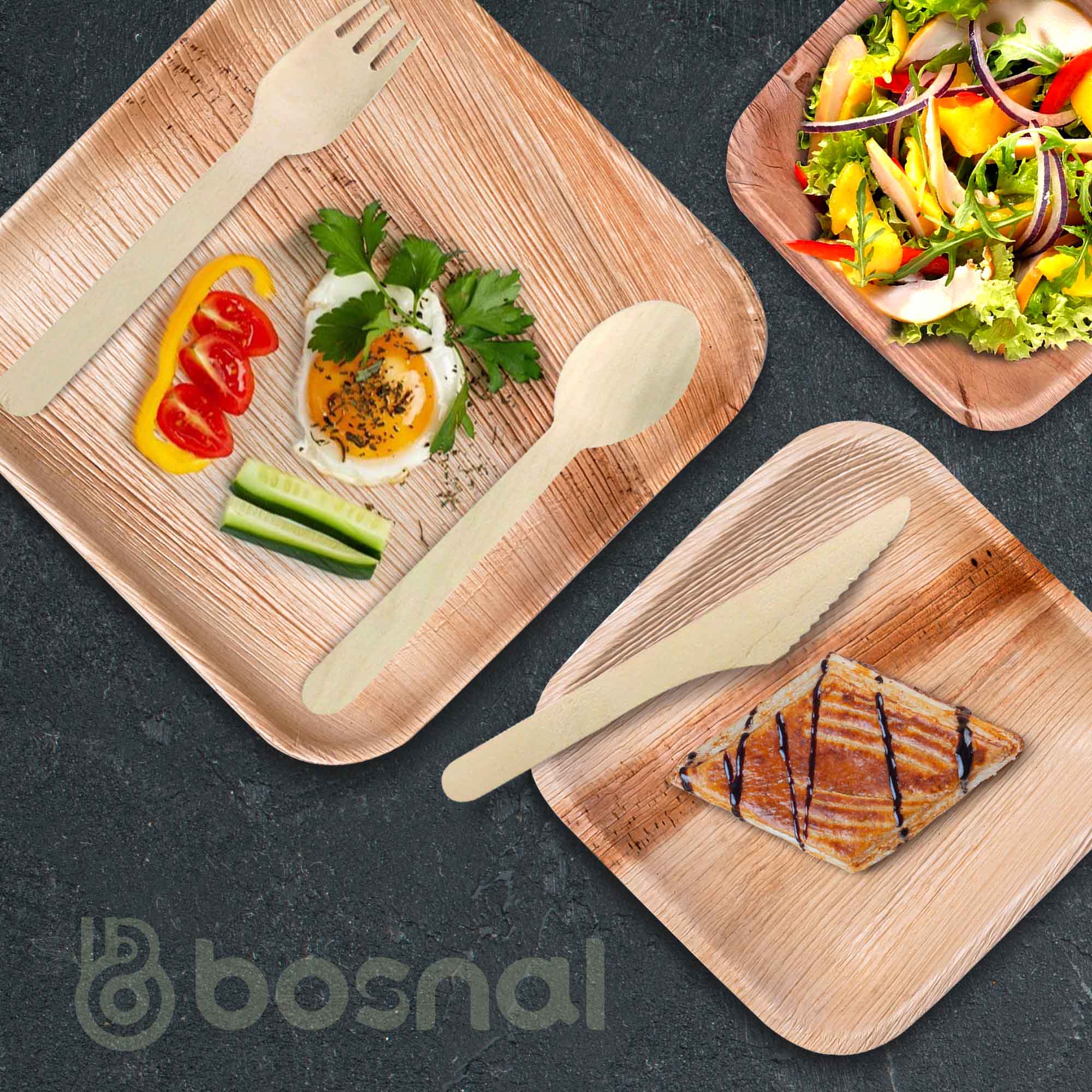 Palm Leaf Biodegradable 10" & 7" Square Plates, 5" Bowls with Cutlery Combo (25 Each Plates, 25 Bowls, 50 Forks, 25 Spoons, 25 Knives), Eco-Friendly, Compostable, Bamboo-Wood 6