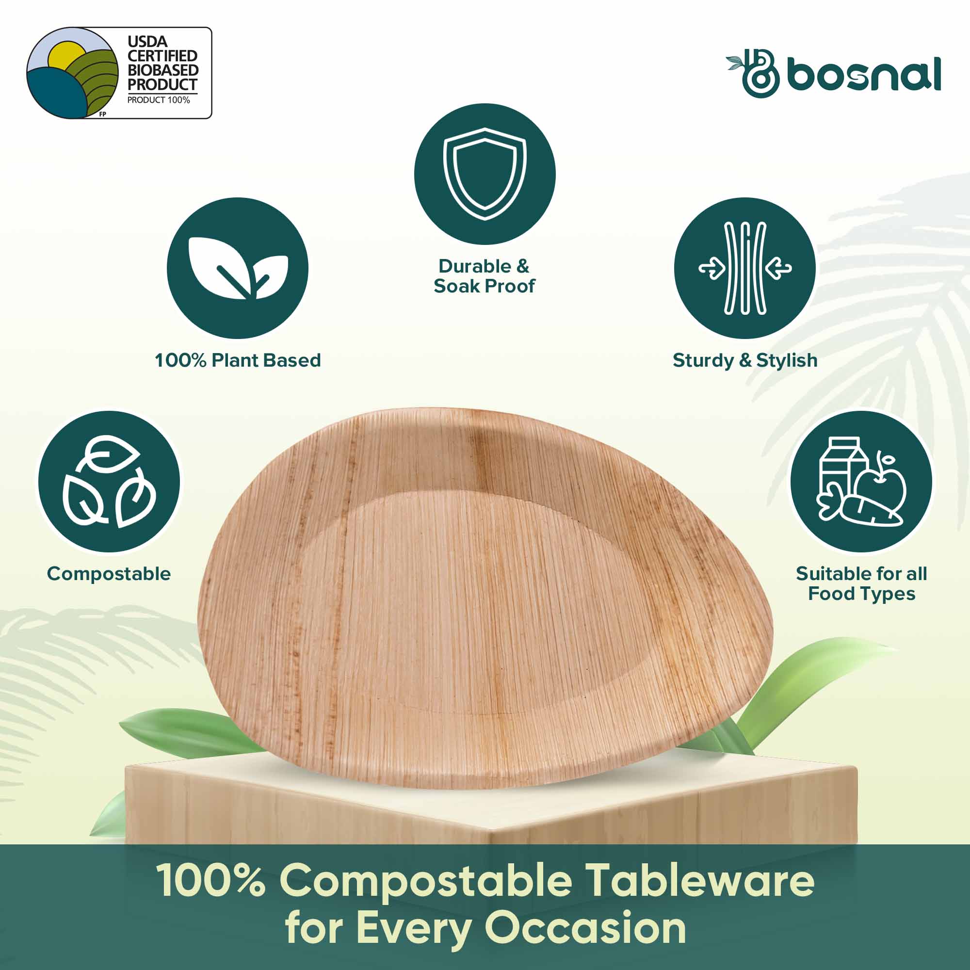 Bosnal - Palm Leaf Biodegradable Plates, 10 inch, Oval 5