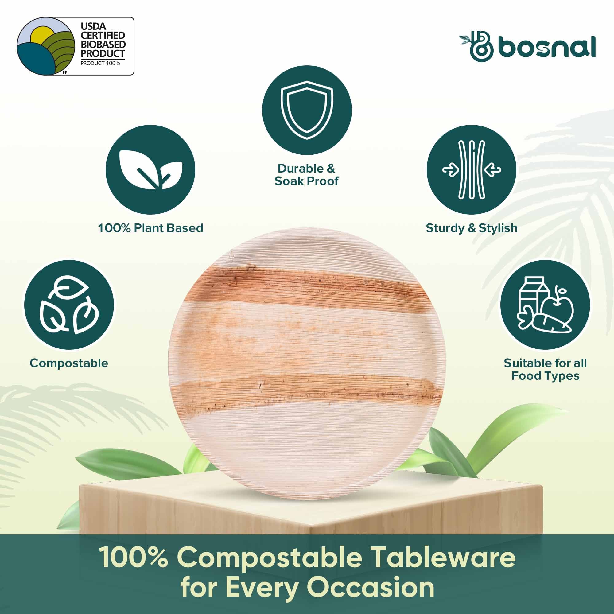 Bosnal - Palm Leaf Biodegradable Plates, 10 inch, Round 6