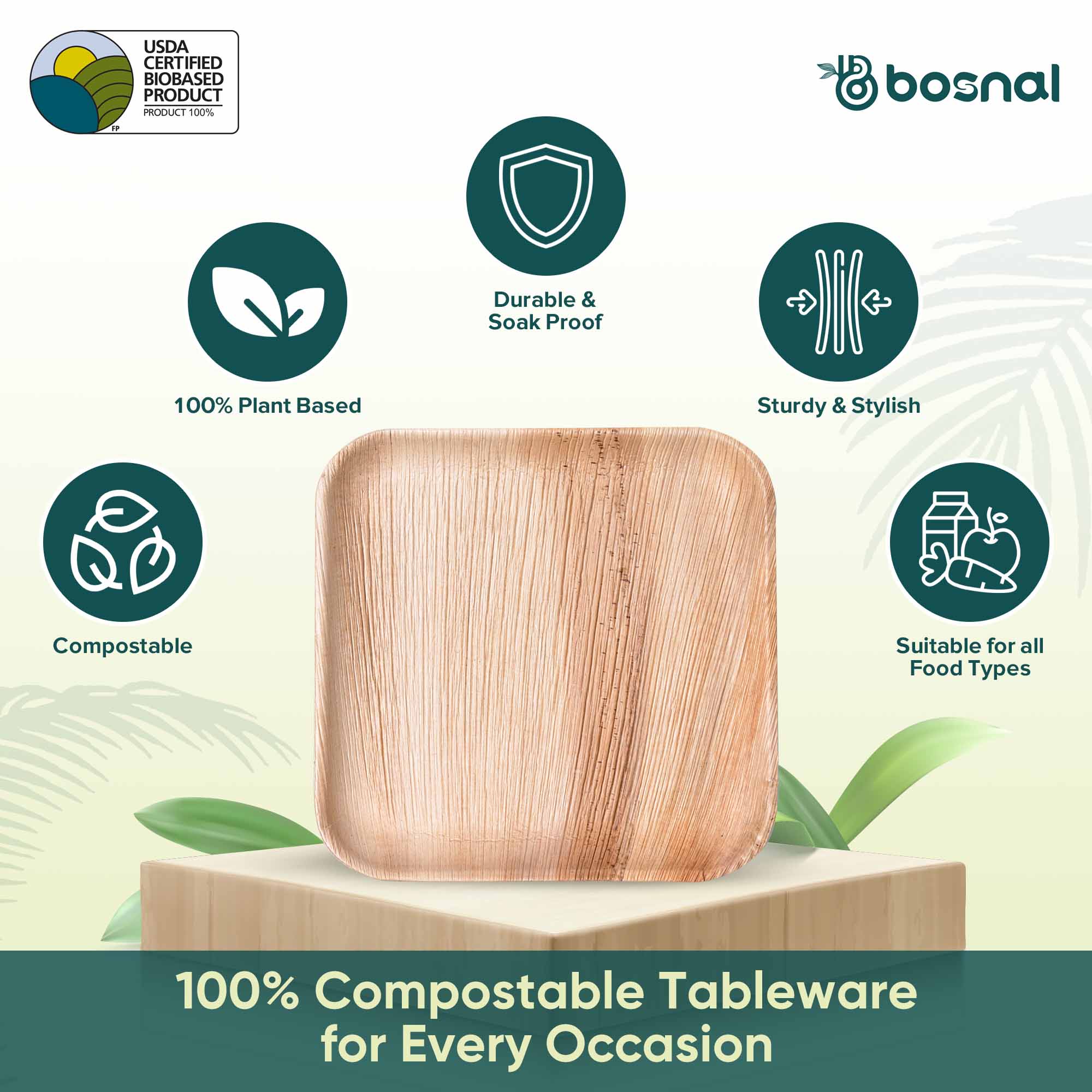 Bosnal - Palm Leaf Biodegradable Plates, 10 inch, Square 7
