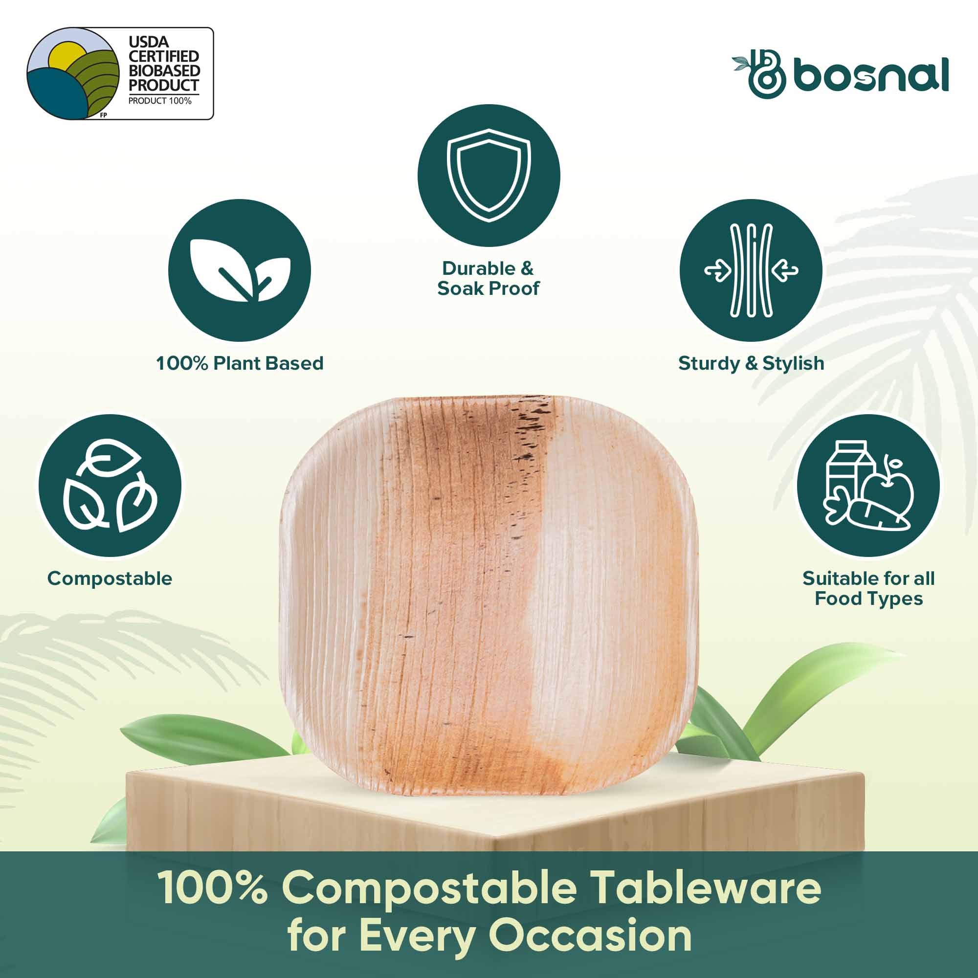 Bosnal - Palm Leaf Biodegradable Plates, 4 inch, Square 6
