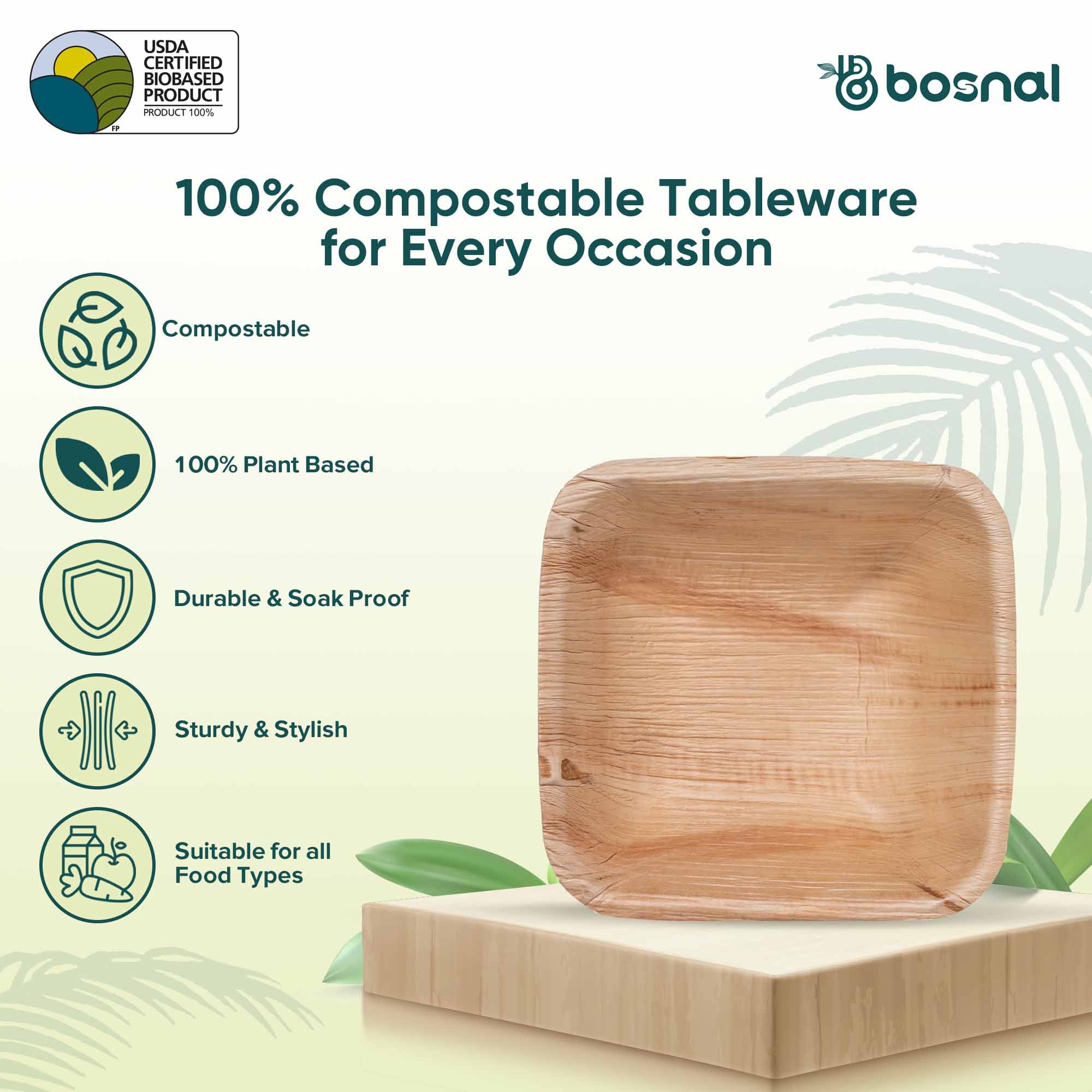 Bosnal - Palm Leaf Biodegradable Bowls, 5 inch, Square 8