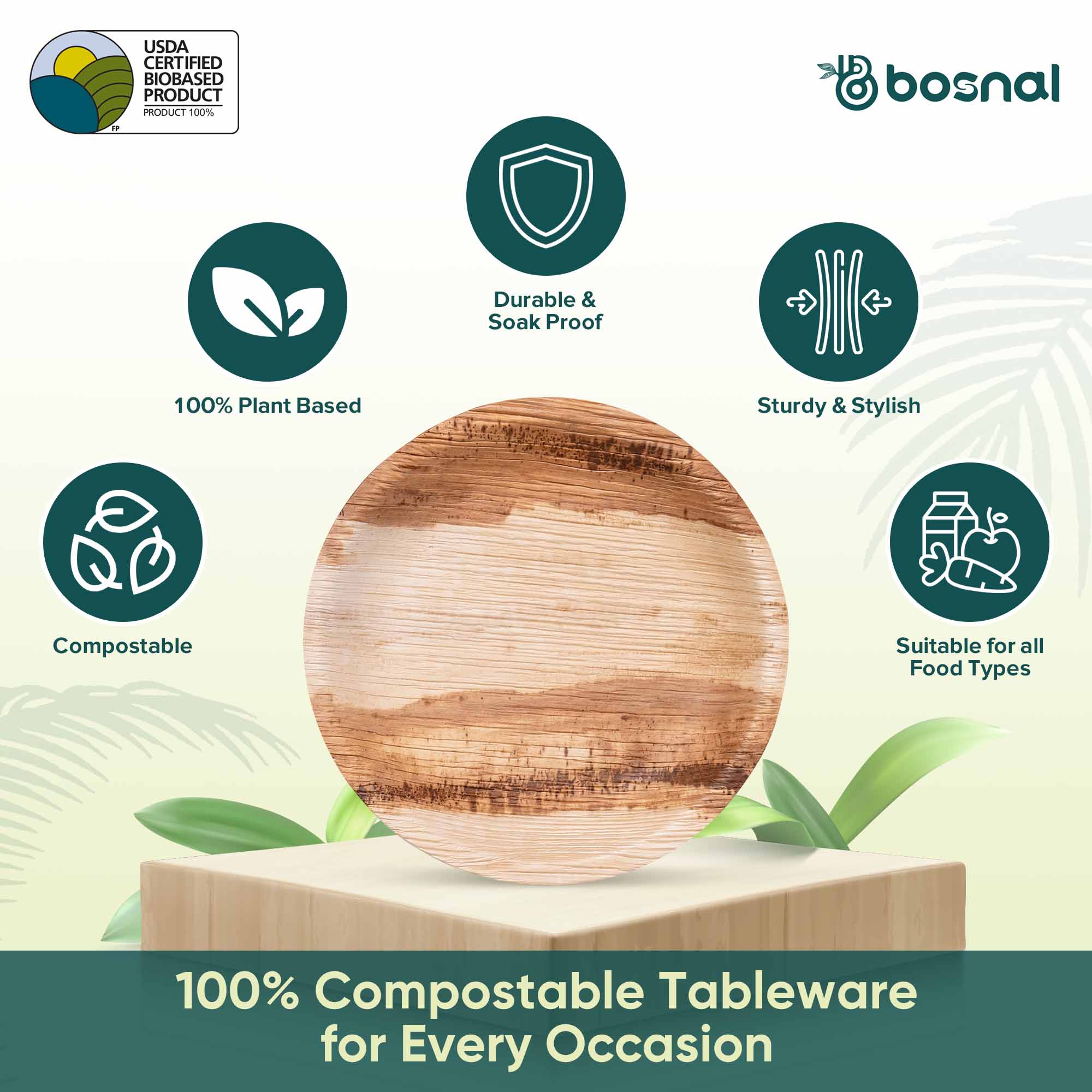 Bosnal - Palm Leaf Biodegradable Plates, 6 inch, Round 7