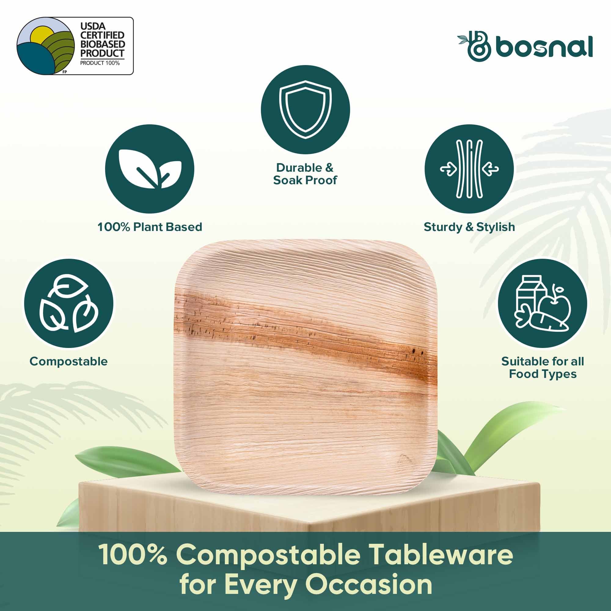 Bosnal - Palm Leaf Biodegradable Plates; 7 inch, Square 8