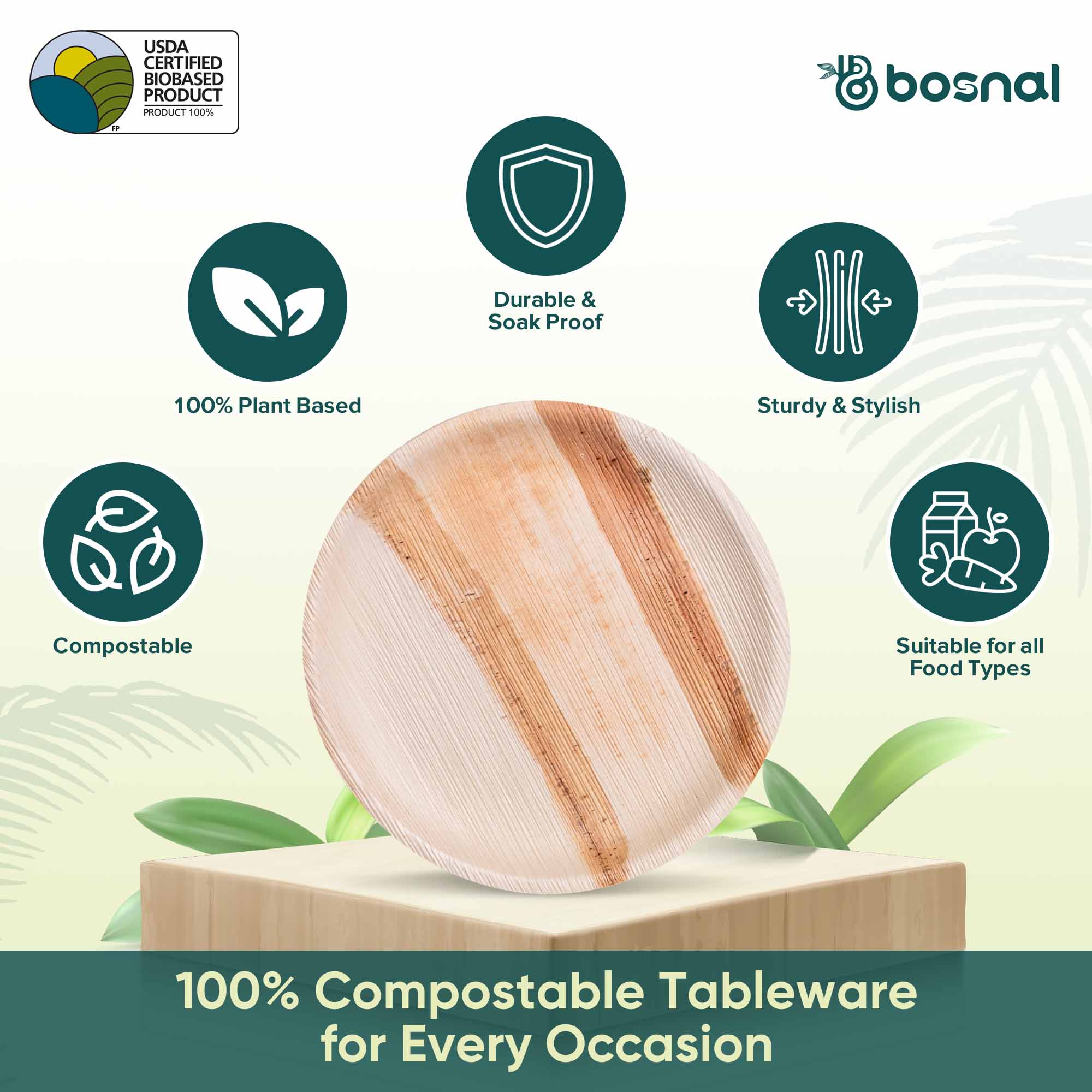 Bosnal - Palm Leaf Biodegradable Plates, 9 inch, Round 5