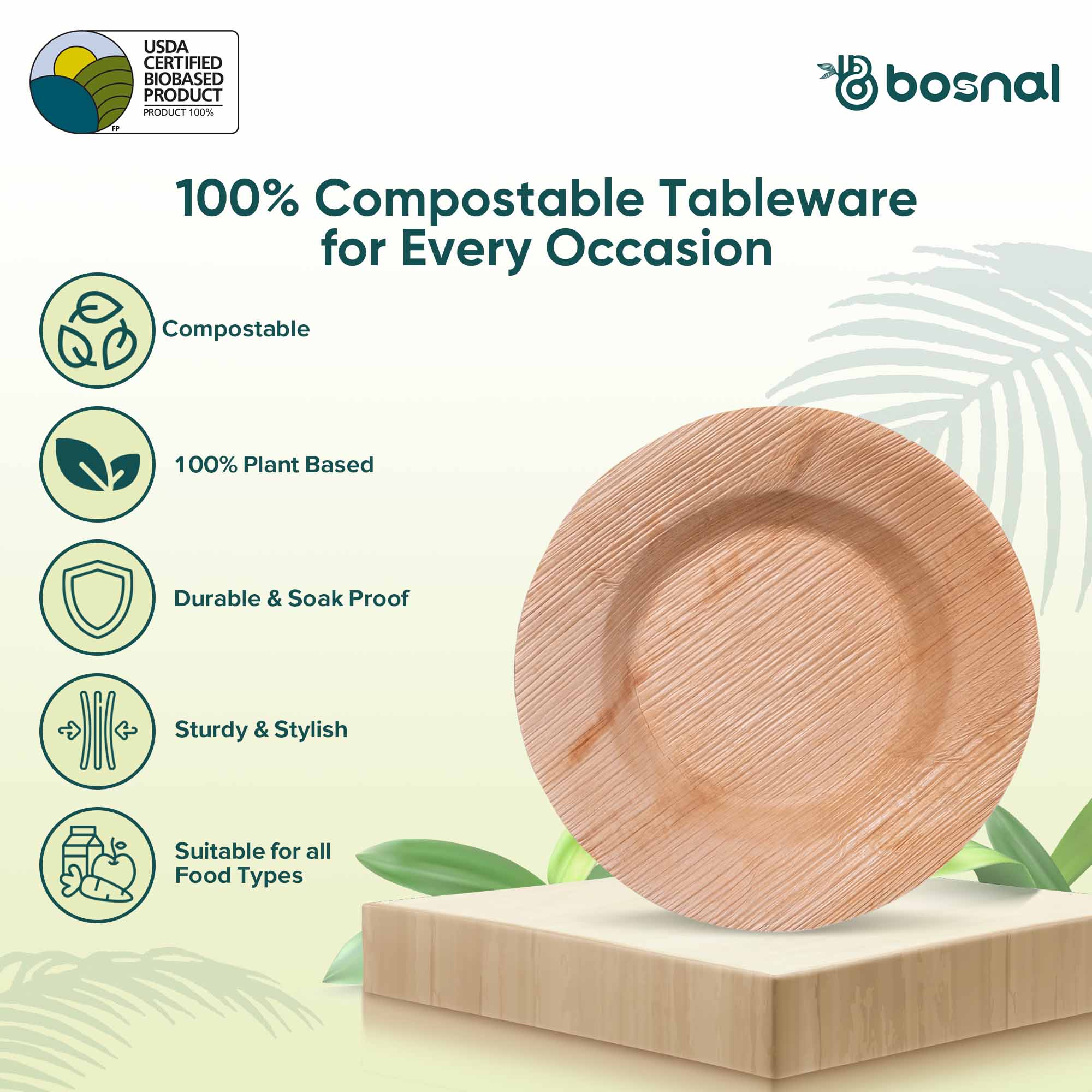 Bosnal - Palm Leaf Biodegradable Bowls, 9.5 inch Round Soup Bowl 7