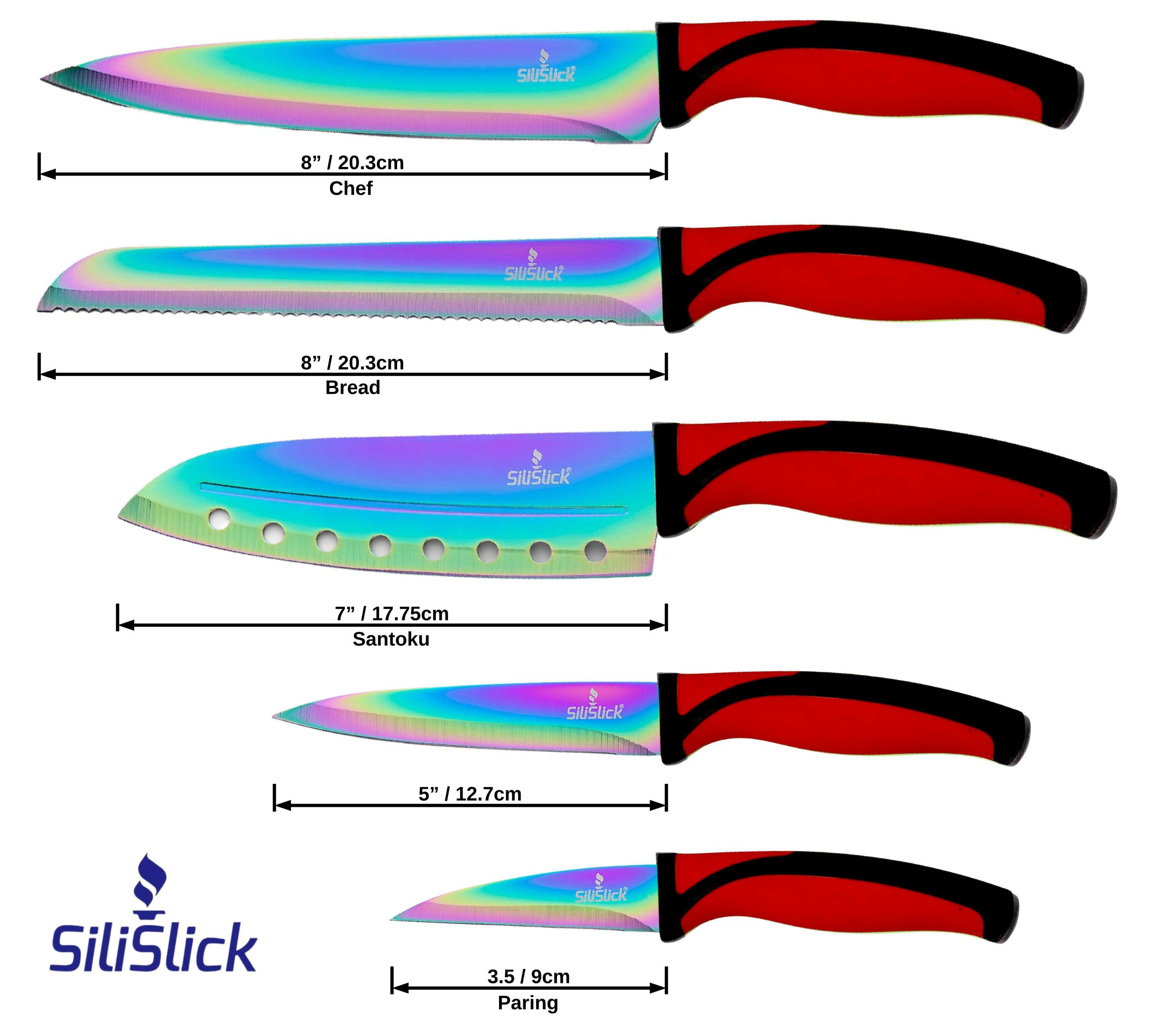 Kitchen Knife Set Kit | Red Handle & Black Magnetic Rack 8