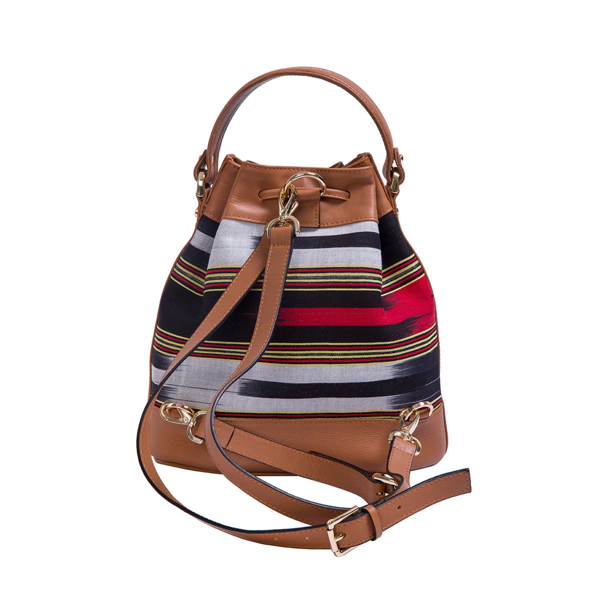 Brown Leather & Fabric Pattern Convertible Bag 4