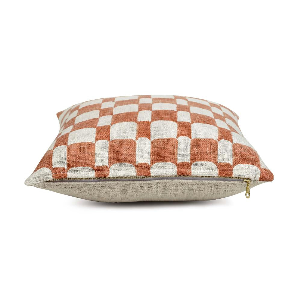 Checkered Block Printed Pillow - Rust 6