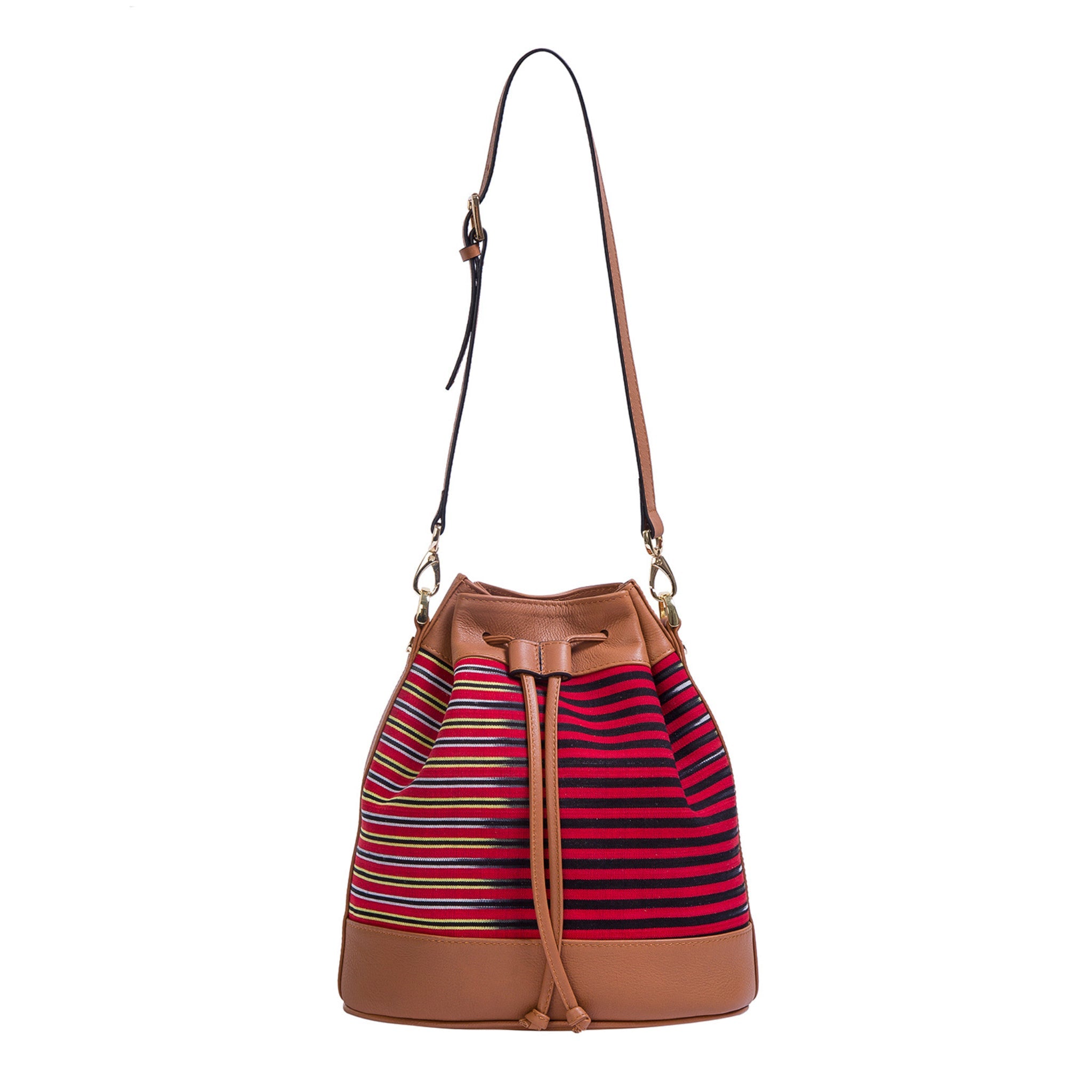 Brown Leather & Striped Fabric Pattern Convertible Bag 5