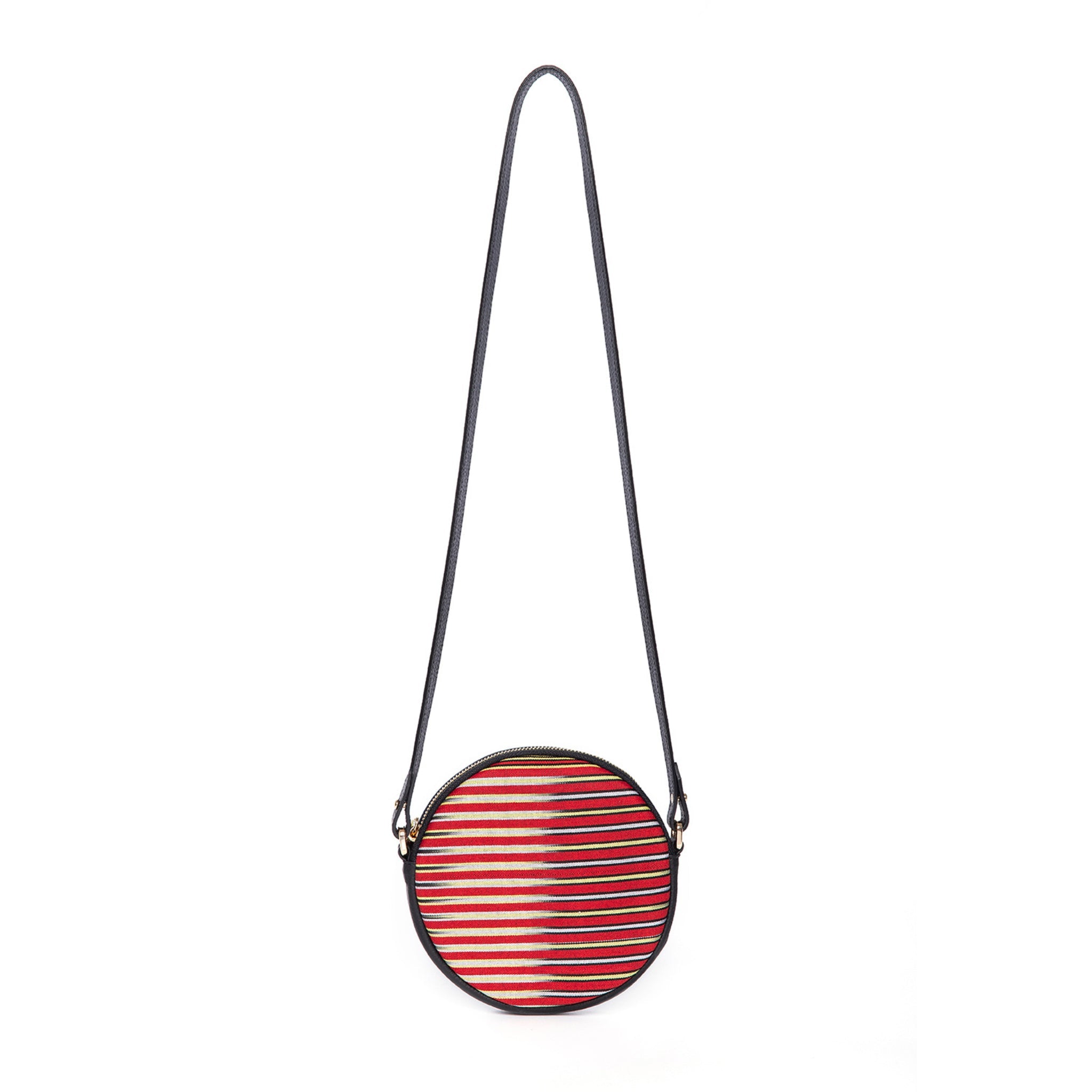 Black Genuine Leather & Striped Fabric Pattern Crossbody Bag